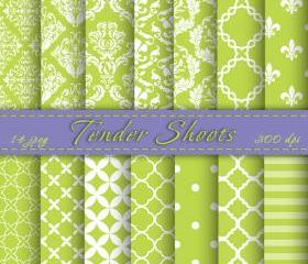 Tender Shoots Digital Paper Pack, Digital Scrapbook Paper, Damask, Graphic Design, Personal Or Commercial Use