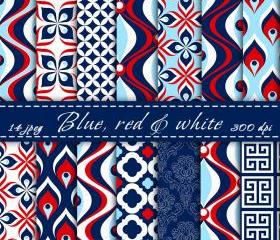 Blue Red and White Digital Paper Digital Scrapbooking Paper Pack Printable Backgrounds