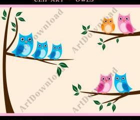 Tree With Owls - Branch With Owls, Clip Art Owl, Digital Scrapbooking, Digital owls