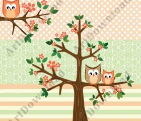 Tree With Baby Owl And Mama Owl - Clip Art Owl, Clip Art and Digital Paper Set, Digital Scrapbooking