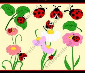  Ladybug Clip Art - Digital Clip Art Ladybug and flowers, Scrapbooking, Set for Personal and Commercial Use